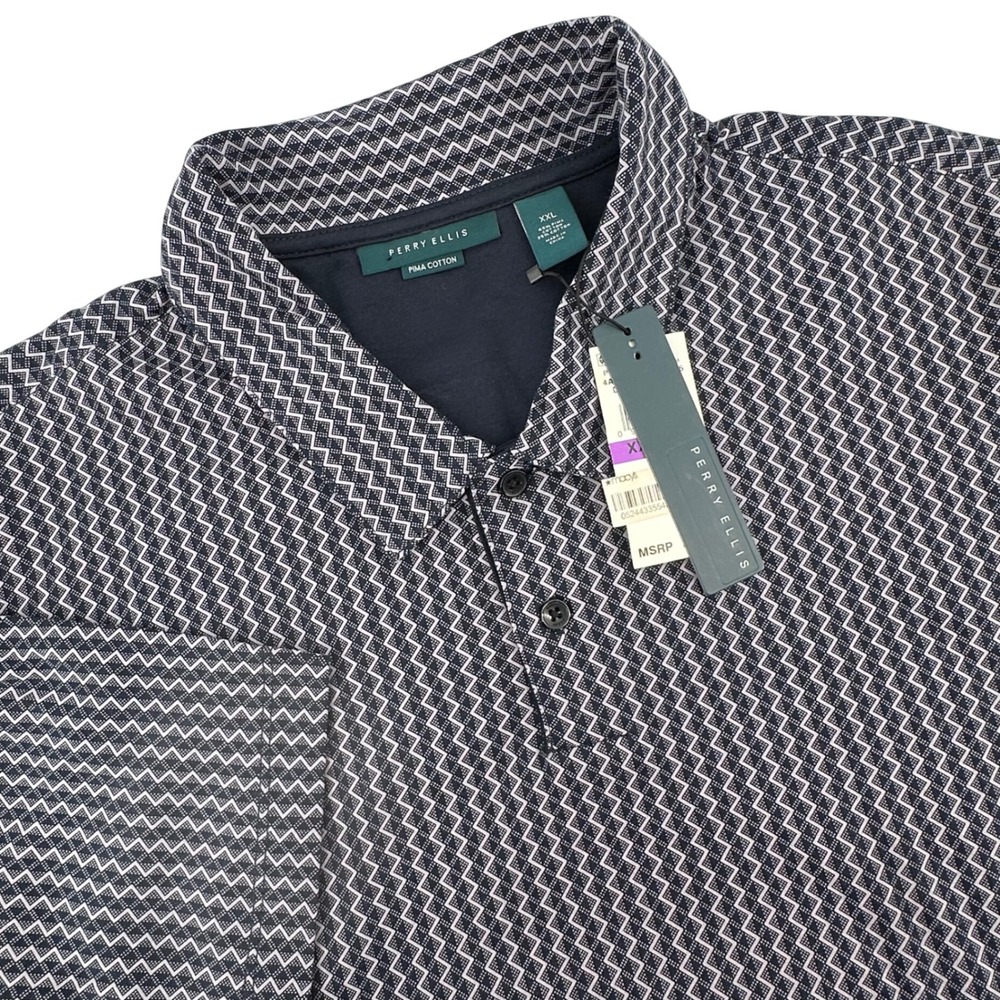 NWT Perry Ellis Mens XXL Pima Cotton Polo Shirt Navy Blue White Short Sleeve